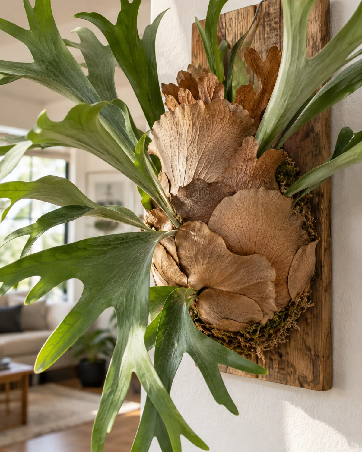 A mounted staghorn fern with multiple layers of brown papery shield fronds visible building up over each other protecting and insulating the root ball beneath with a natural and healthy appearance