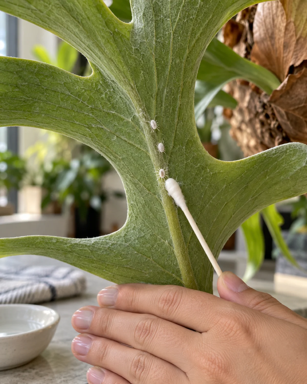 Close-up of the underside of a staghorn fern antler frond with small white mealybugs visible along the midrib being dabbed with an alcohol-soaked cotton swab