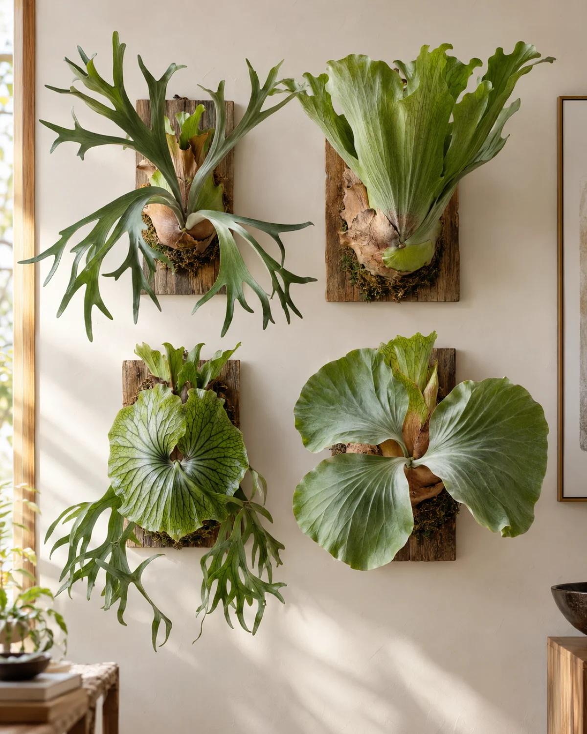 Four different Platycerium species arranged as mounted specimens side by side on a wall showing bifurcatum with classic antler shape, superbum with wide upright fronds, ridleyi with prominent veining, and elephantotis with broad rounded fronds