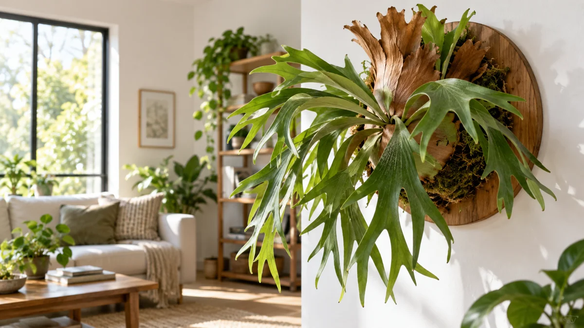 Large staghorn fern mounted on a round wooden board hanging on a white wall in a bright living room with natural light showing both brown shield fronds and green antler fronds