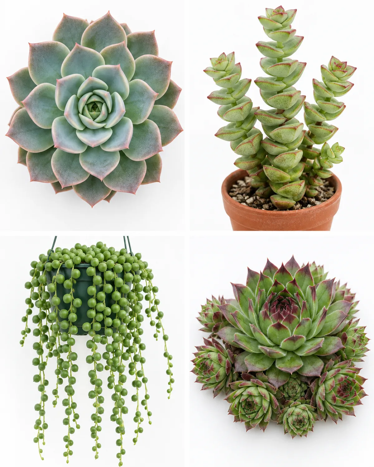 Four succulent growth forms compared side by side showing a rosette Echeveria a columnar stacked Crassula a trailing string of pearls and a clustering hen and chicks arrangement