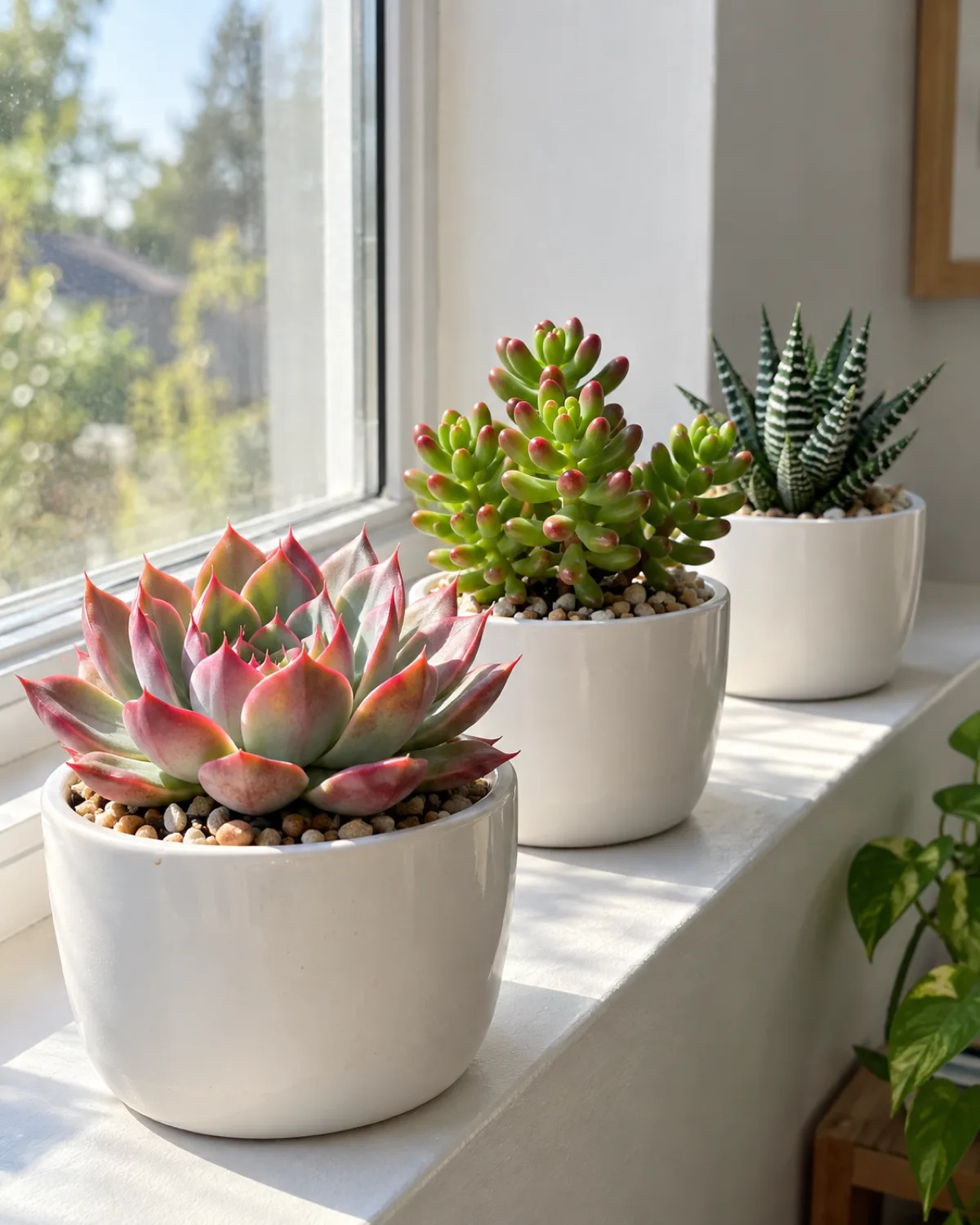 Succulents arranged on a bright windowsill by light needs with an Echeveria rosette closest to the glass a Sedum jelly bean plant in the middle and a Haworthia with zebra stripes at the edge
