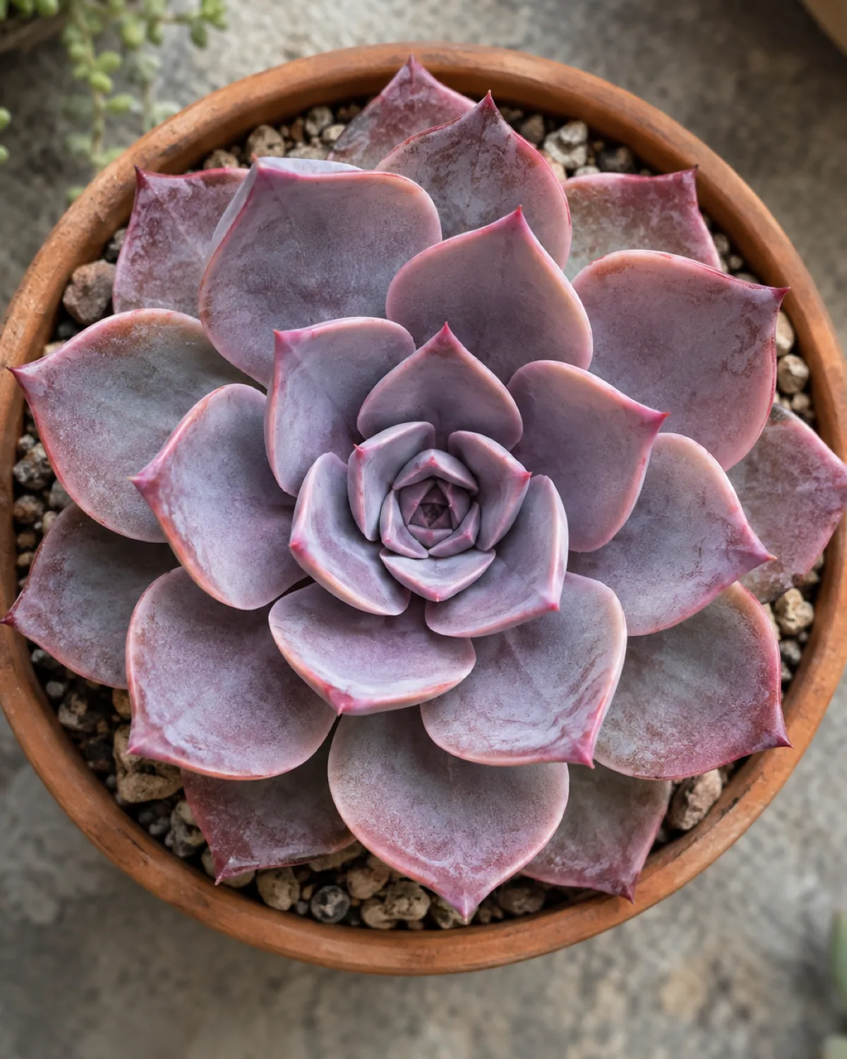 Close-up of a mature Echeveria Perle von Nurnberg rosette from above showing perfect spiral symmetry with pastel purple and pink farina-coated leaves and stress coloring at the tips