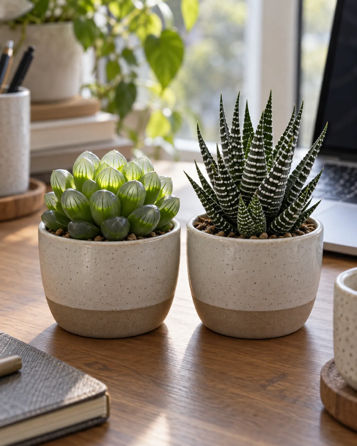 Two Haworthia succulents side by side on a modern wooden desk near a laptop showing a Haworthia cooperi with translucent glowing leaf windows and a Haworthia fasciata with crisp white zebra stripes