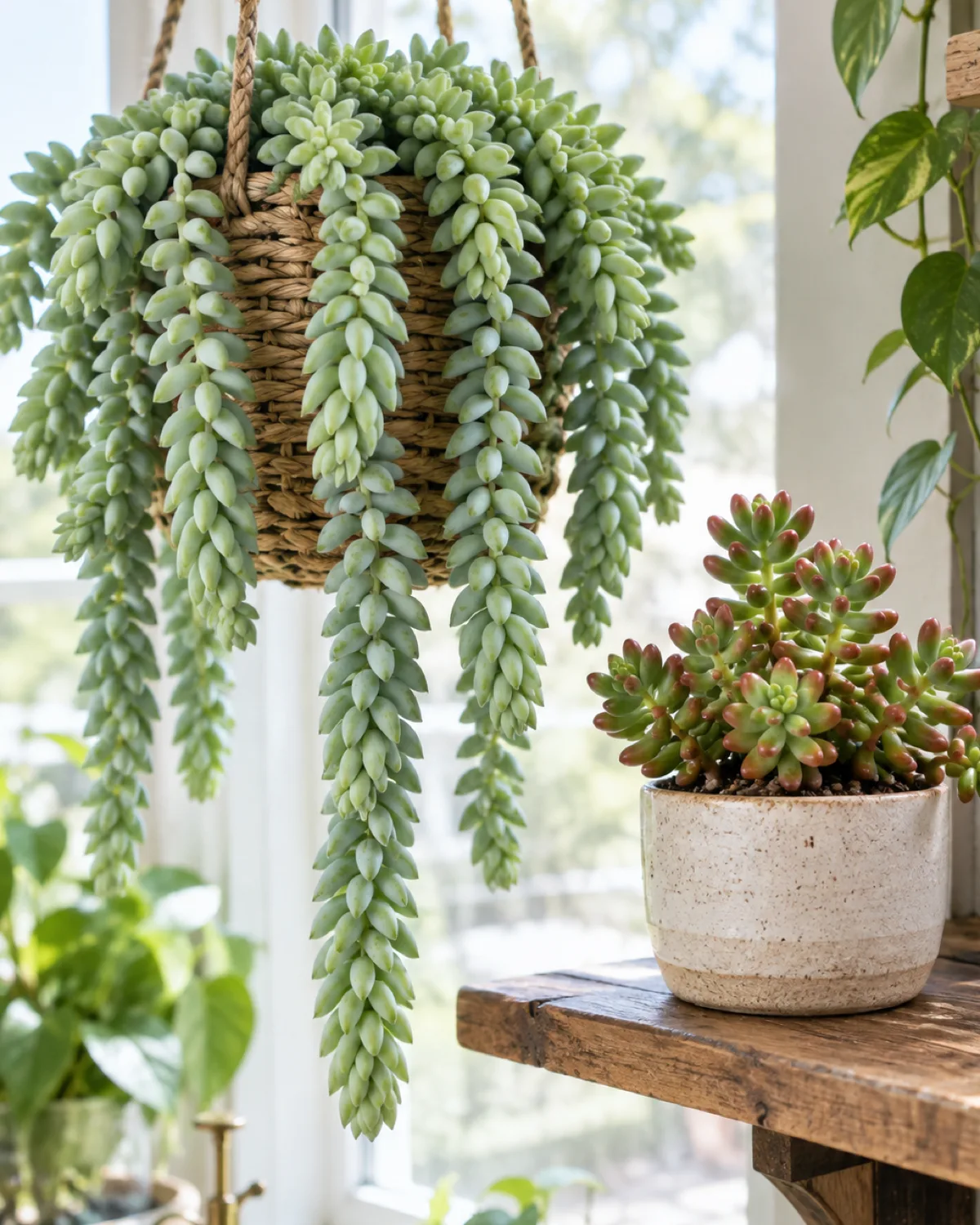 A hanging basket of Sedum morganianum donkey tail with plump blue-green cascading leaves next to a pot of Sedum rubrotinctum jelly bean plant with red-tipped plump leaves on a shelf