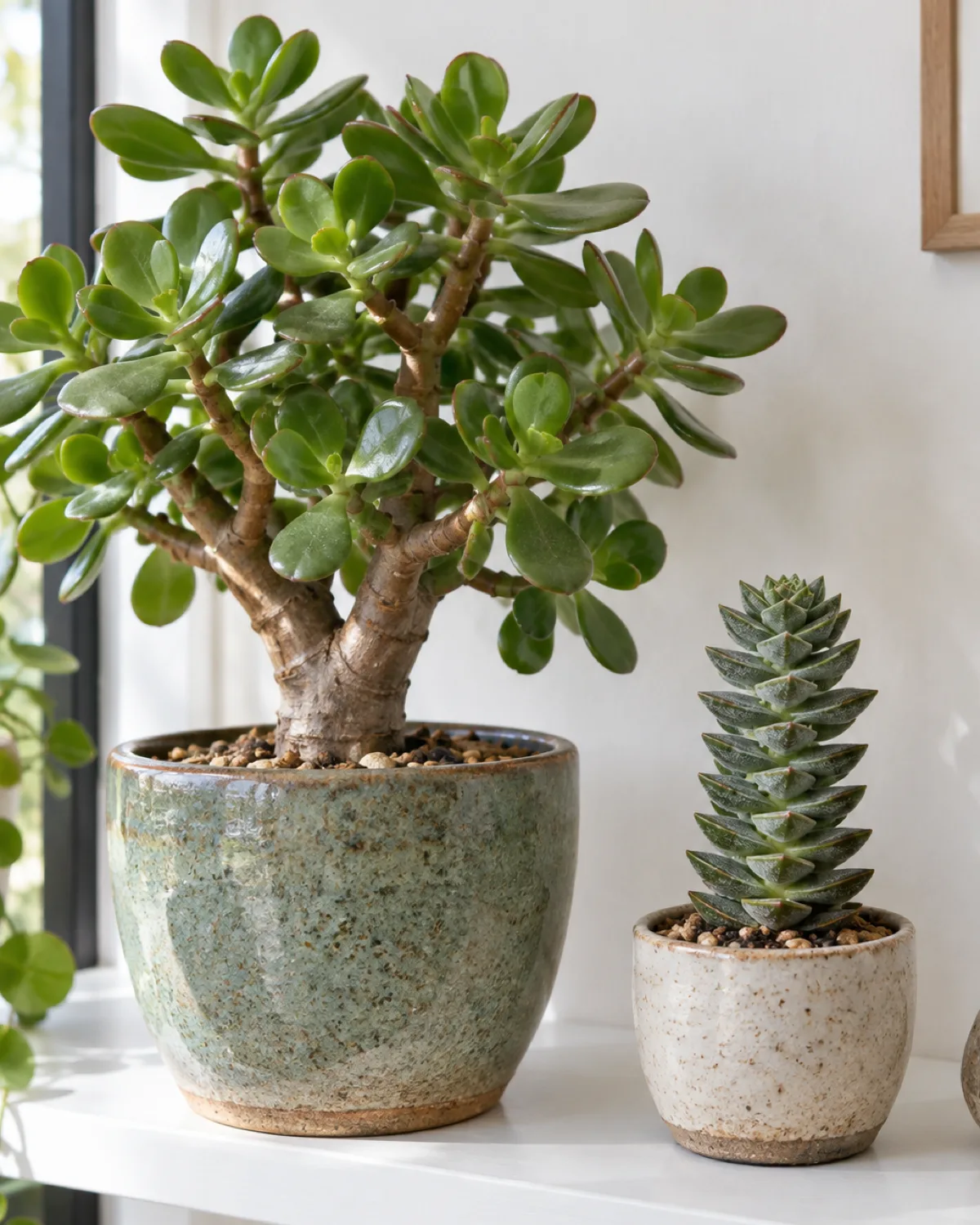 A mature jade plant Crassula ovata with thick woody trunk and glossy oval leaves next to a Crassula Buddha Temple showing a stacked pagoda column form on a clean white shelf