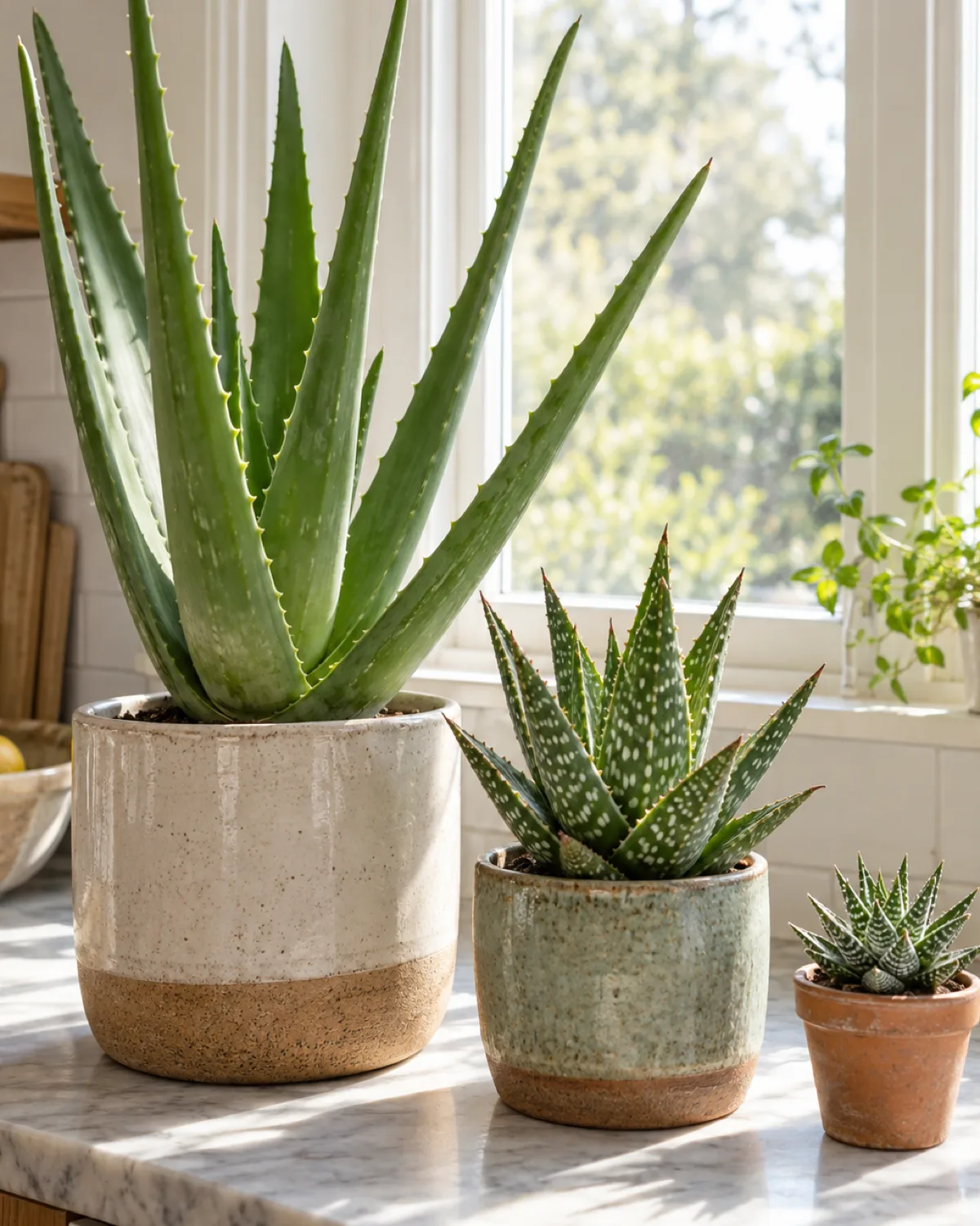 Three Aloe plants of different sizes in a bright kitchen window showing a tall Aloe vera a medium spotted Aloe Christmas Carol and a tiny dwarf Aloe Minnie Belle demonstrating genus size range