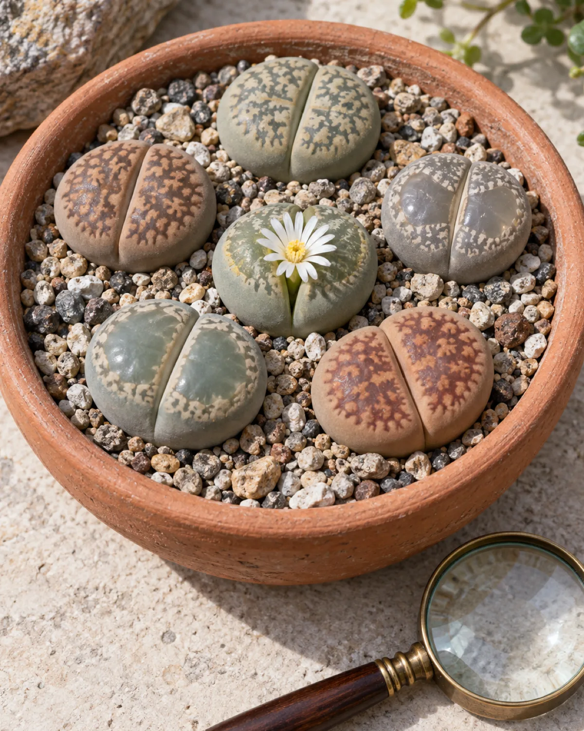 Collection of Lithops living stones in a shallow terracotta pot with fine gravel top dressing showing fused leaf pairs in different colors mimicking pebbles with a small white flower emerging from the fissure