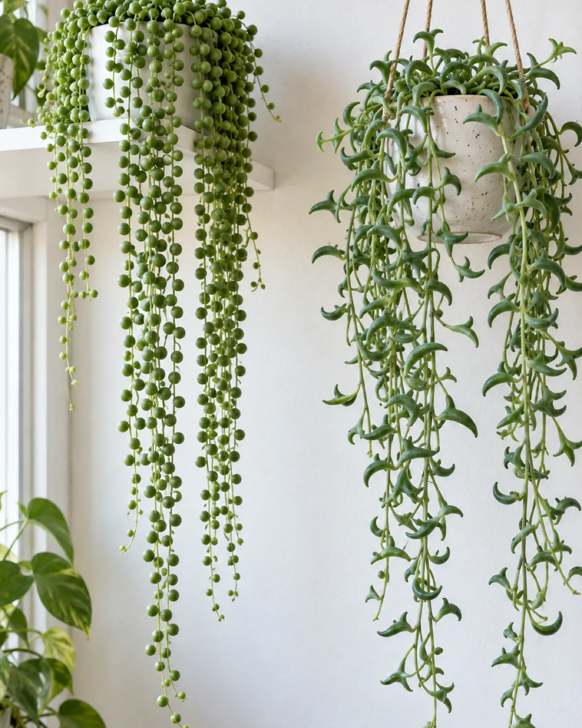 String of pearls cascading from a high white shelf on the left with round bead-like leaves next to string of dolphins in a hanging ceramic pot on the right with crescent-shaped leaves resembling jumping dolphins