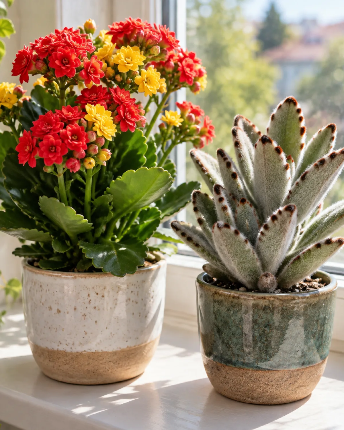 Kalanchoe blossfeldiana in full bloom with dense clusters of tiny bright red and yellow flowers next to a Kalanchoe tomentosa panda plant with fuzzy silver-grey velvety leaves on a sunny windowsill