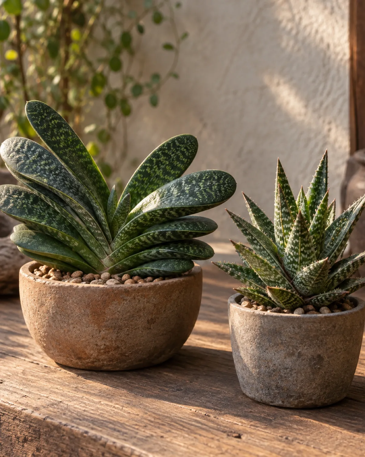 A Gasteria succulent with thick dark green tongue-shaped distichous leaves in a two-ranked fan pattern next to a small Gasteraloe hybrid with warm directional side lighting