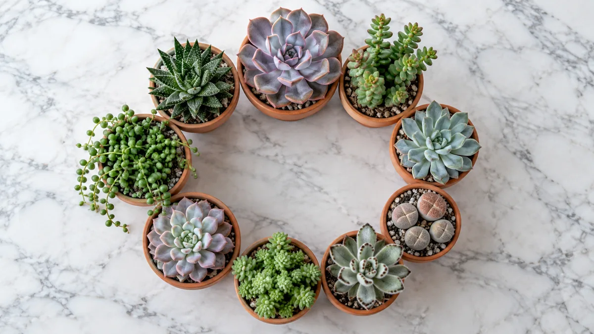 Overhead flat lay of assorted succulent types arranged in a circle on a white marble surface each in a small terracotta pot showing rosettes trailing strings columnar stacks and living stones in varied colors from jade green to dusty purple