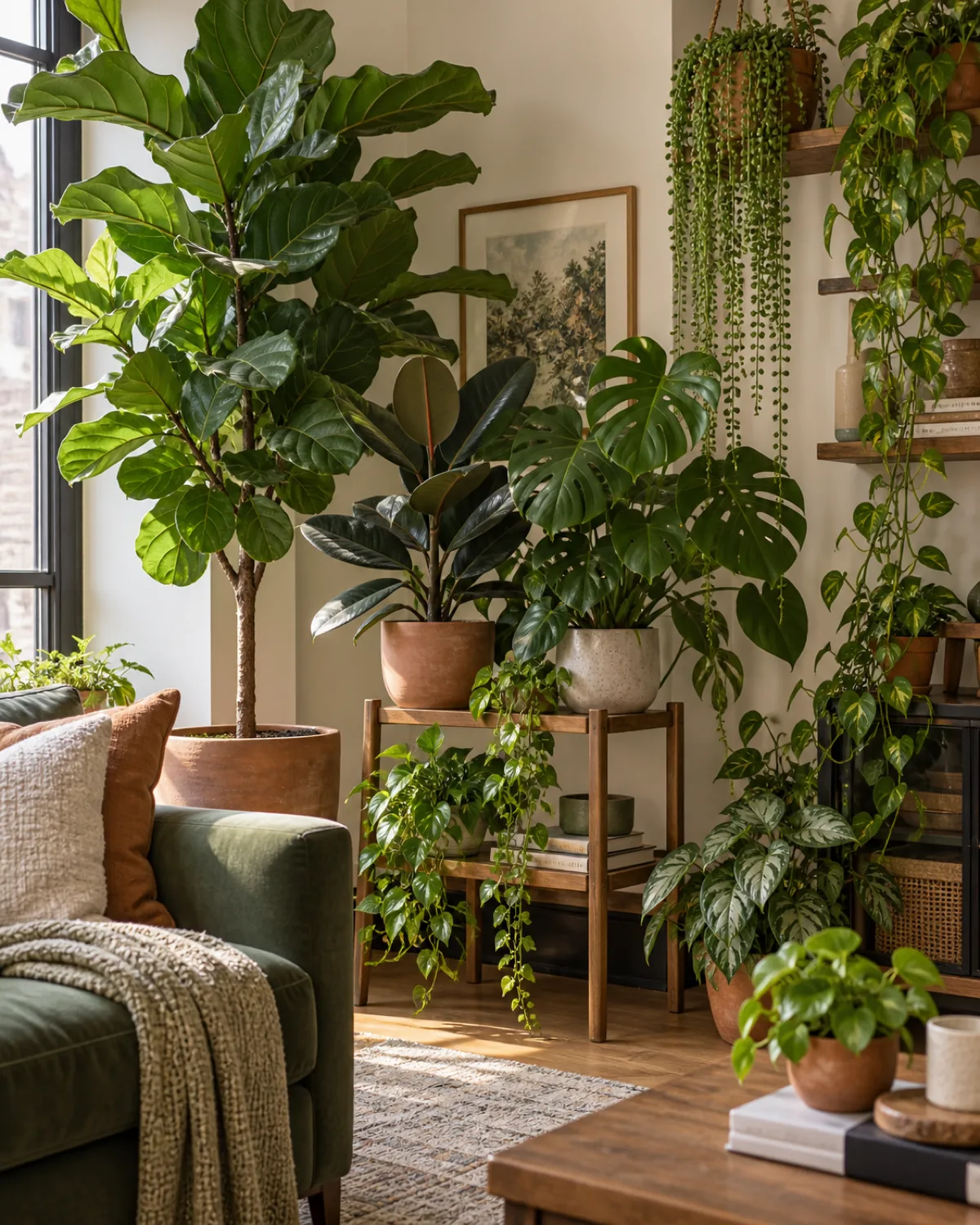 A living room corner showing deliberate layered density of a true urban jungle with tall fiddle-leaf fig rubber plant monstera mid-height plants on a wooden stand trailing string of pearls from a high shelf coordinated terracotta and matte ceramic pots warm indirect light