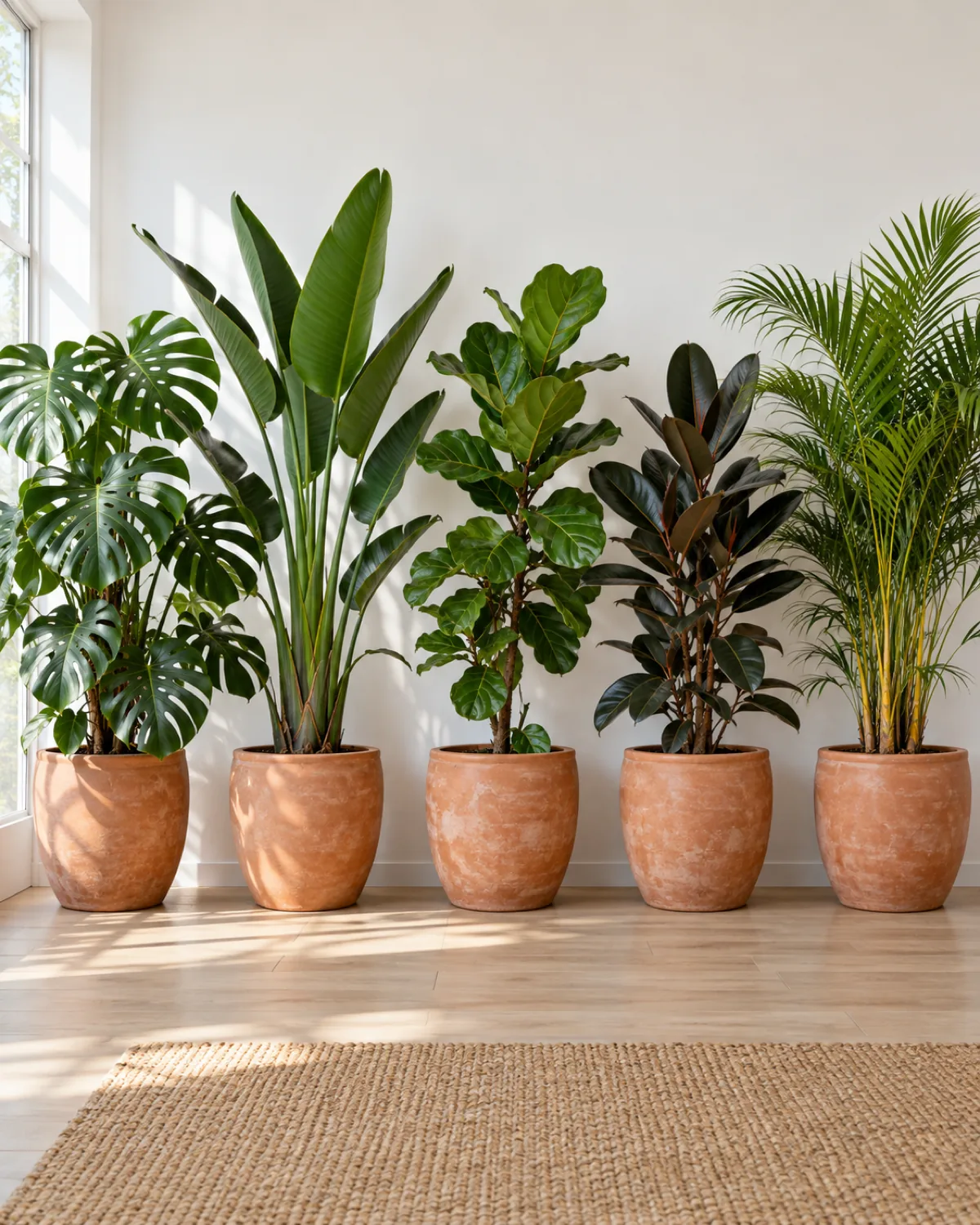 Five tall tropical anchor plants in terracotta pots against a white wall monstera deliciosa bird of paradise fiddle-leaf fig rubber plant areca palm each four to five feet tall bright natural light from the left