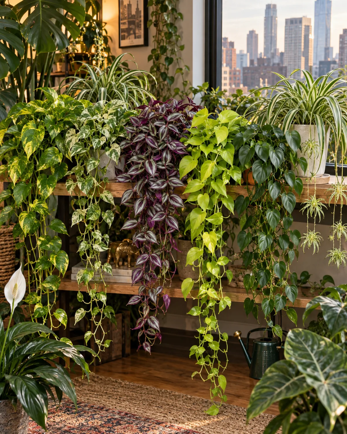 Mid-layer fillers on a wooden shelf at waist height pothos tradescantia spider plant philodendron long trailing vines lush growth between taller floor plants and a window with city buildings visible