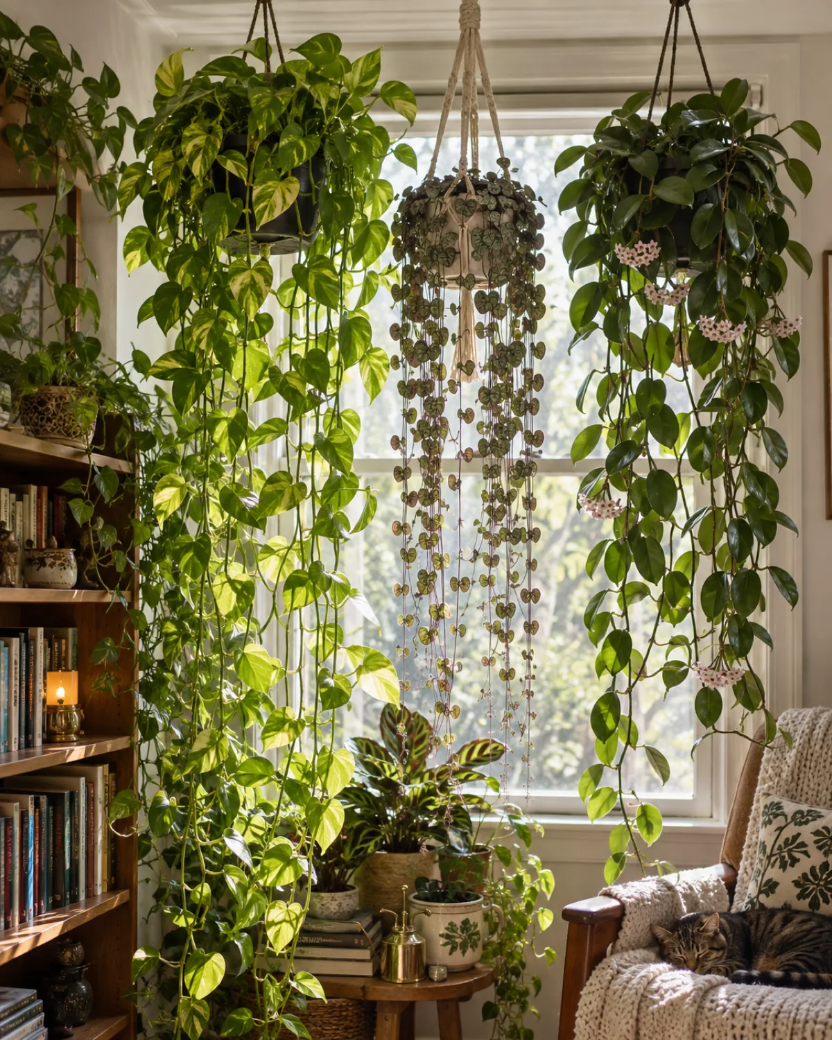 Three hanging planters at different heights in front of a bright window golden pothos with long vines reaching a bookshelf below string of hearts cascading in center hoya trailing on right creating a green curtain effect