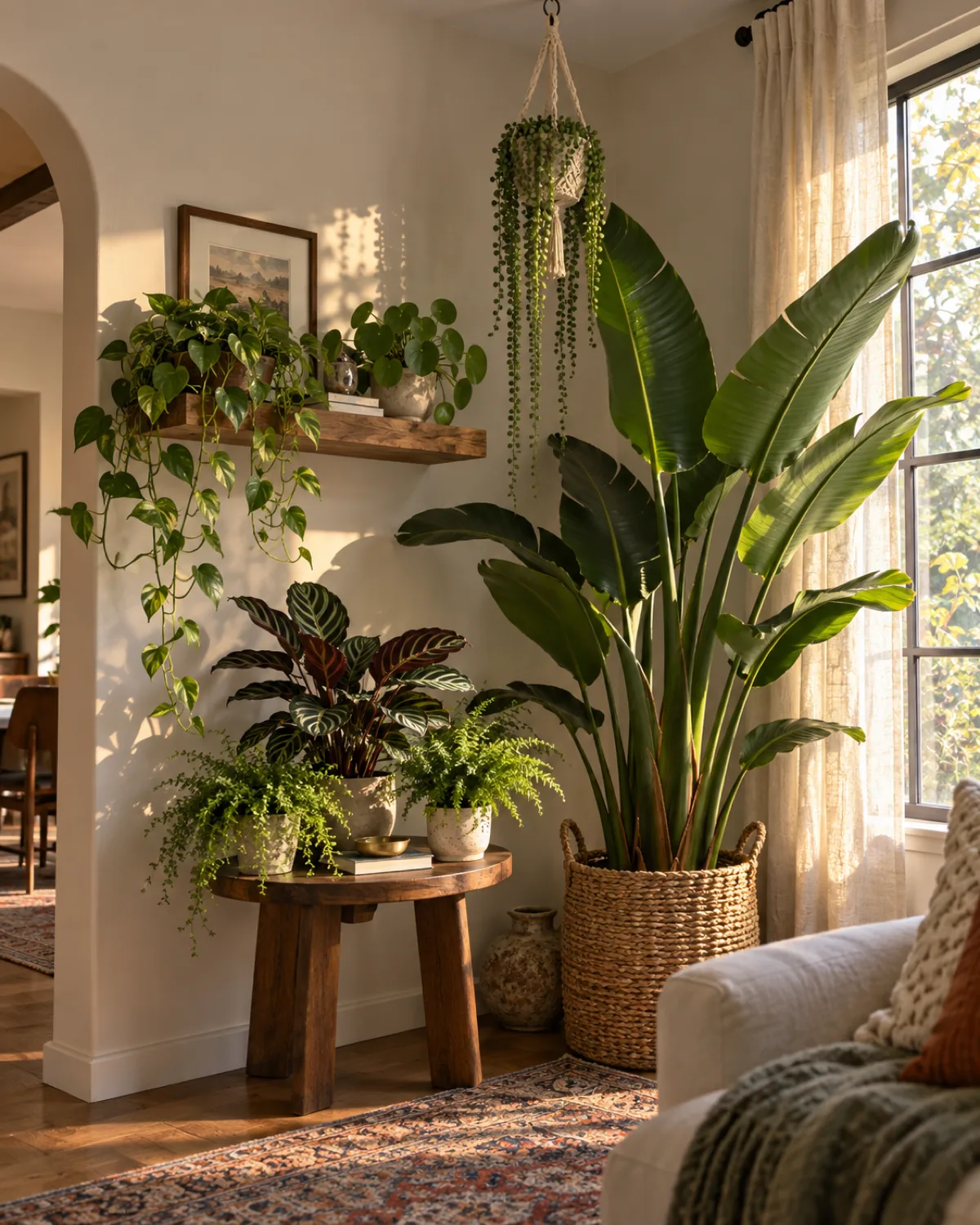Room corner demonstrating four-tier height layering tall bird of paradise on floor cluster of calathea and ferns on low side table trailing pothos on floating wall shelf macrame planter from ceiling hook four distinct layers visible warm afternoon light