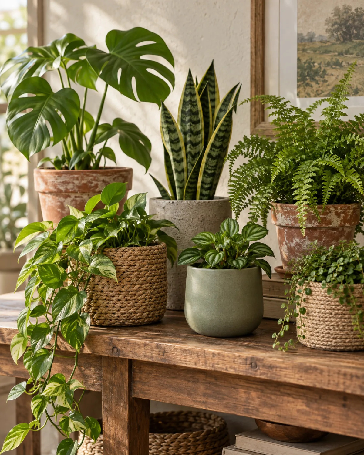 Close-up arrangement of six houseplants in coordinated earth-tone containers on a wooden console table aged terracotta woven seagrass basket matte sage ceramic raw concrete jute-wrapped pot plants include monstera trailing pothos snake plant fern soft natural side light