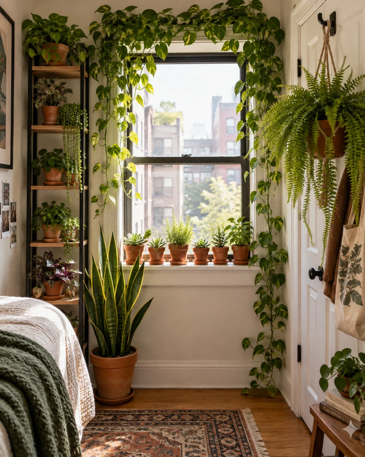 Small studio apartment corner maximized for plant density tall snake plant on floor floating shelf with trailing plants window ledge forest of small pots over-door hook holding a fern the space feels lush despite being compact bright window light