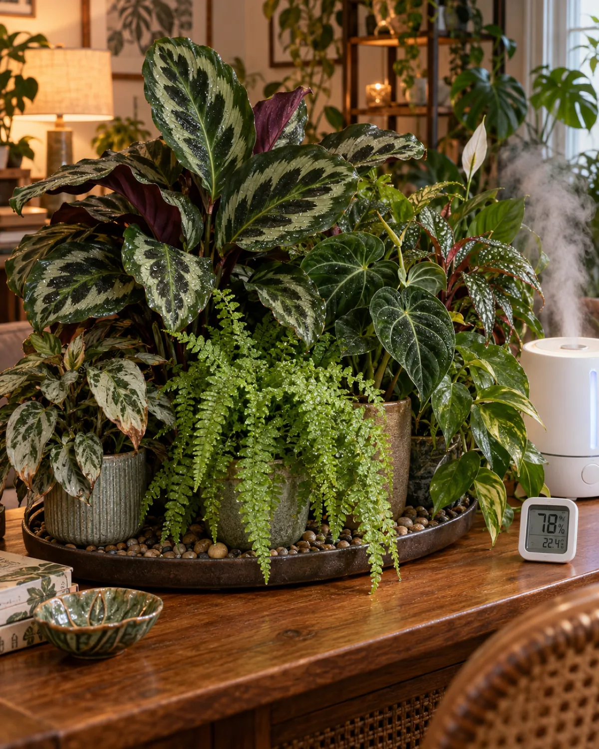 Dense cluster of tropical houseplants grouped on a large pebble tray on a wooden table moisture droplets on calathea and fern leaves small white humidifier running with visible mist hygrometer on table warm indoor lighting