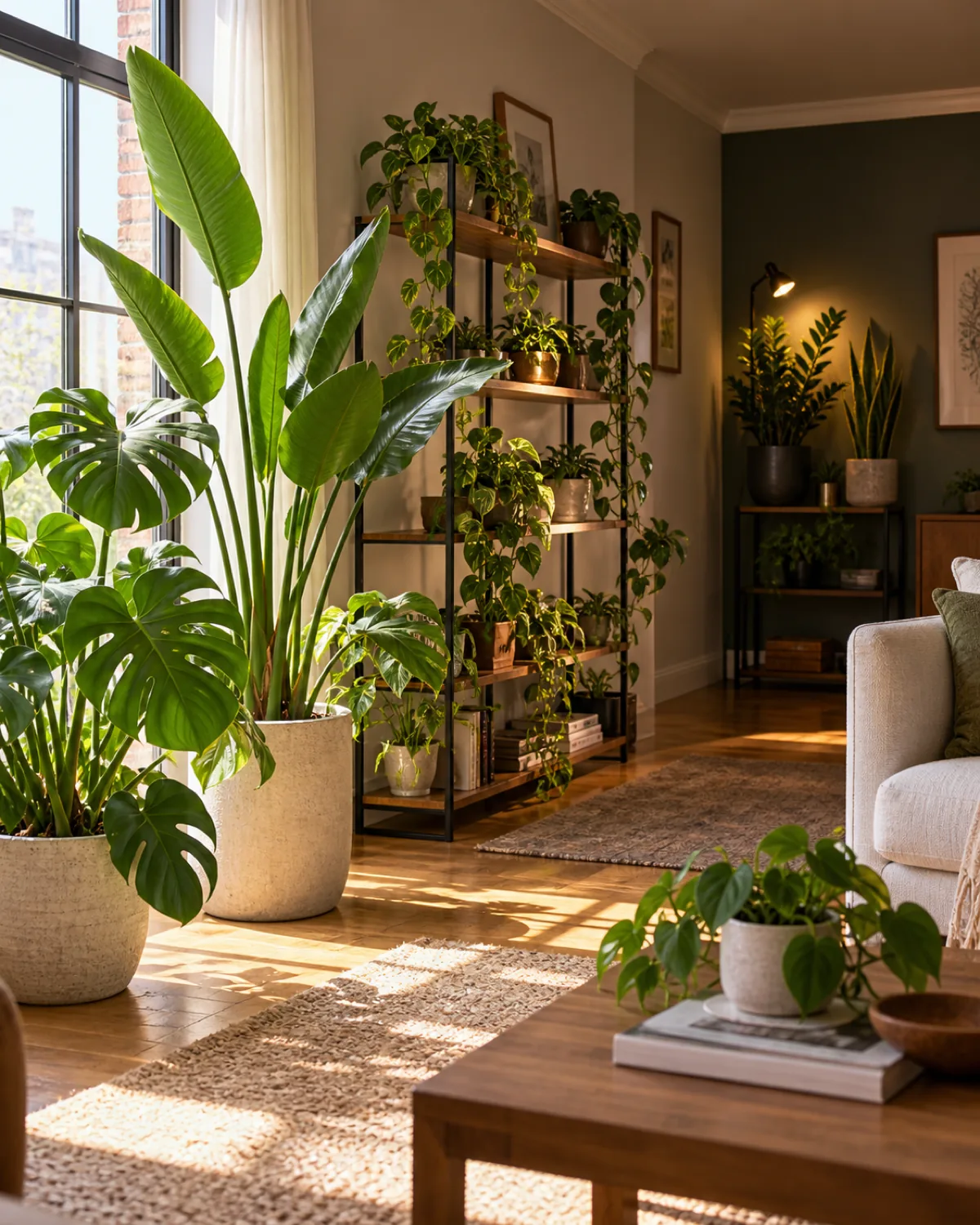 Room showing three distinct light zones tall monstera and bird of paradise near a bright window mid-light philodendron and pothos on a shelf three feet back ZZ plant and snake plant in a dim corner with a small clip-on grow light gradient from bright to dim visible