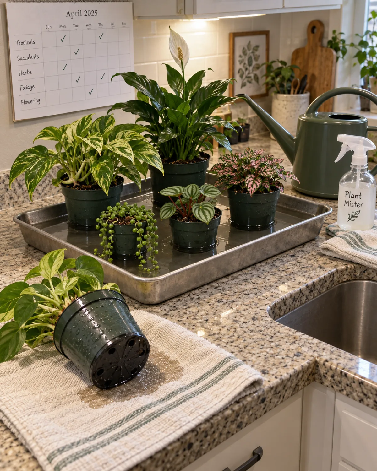 Kitchen counter being used as a bottom-watering station five nursery-potted plants in a large shallow tray of water one plant removed sitting on a towel large watering can and labeled spray bottle nearby simple paper calendar with watering checkmarks bright overhead kitchen light