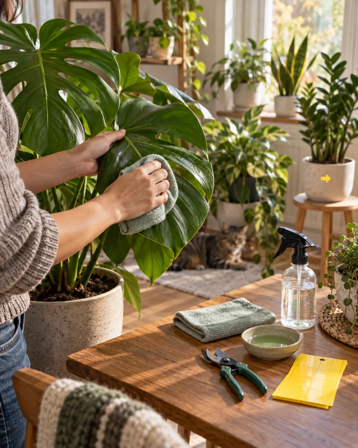 Person wiping dust from a large monstera leaf with a soft damp cloth maintenance toolkit on table spray bottle pruning shears yellow sticky trap cloth diluted fertilizer several plants in background one plant turned with arrow sticker indicating rotation warm Saturday morning light