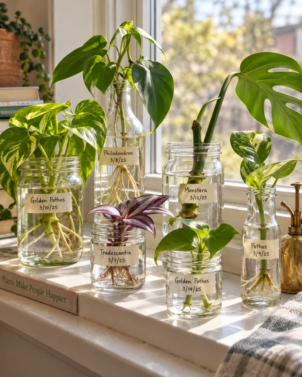 Bright windowsill propagation station six clear glass jars and bottles of varying sizes with water containing plant cuttings at various rooting stages pothos philodendron tradescantia monstera node handwritten masking tape labels warm natural light from window behind