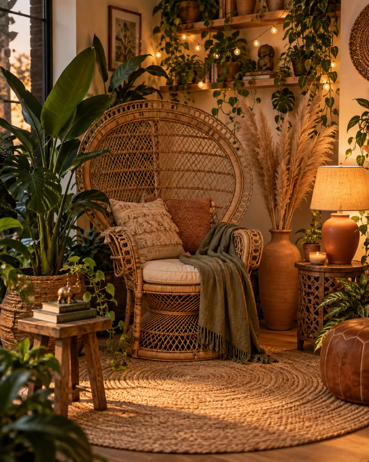 Styled jungle corner with vintage rattan peacock chair partially framed by tall plants jute rug warm string lights among plant shelves stack of plant care books on wooden stool terracotta lamp dried pampas grass in tall floor vase warm golden evening light