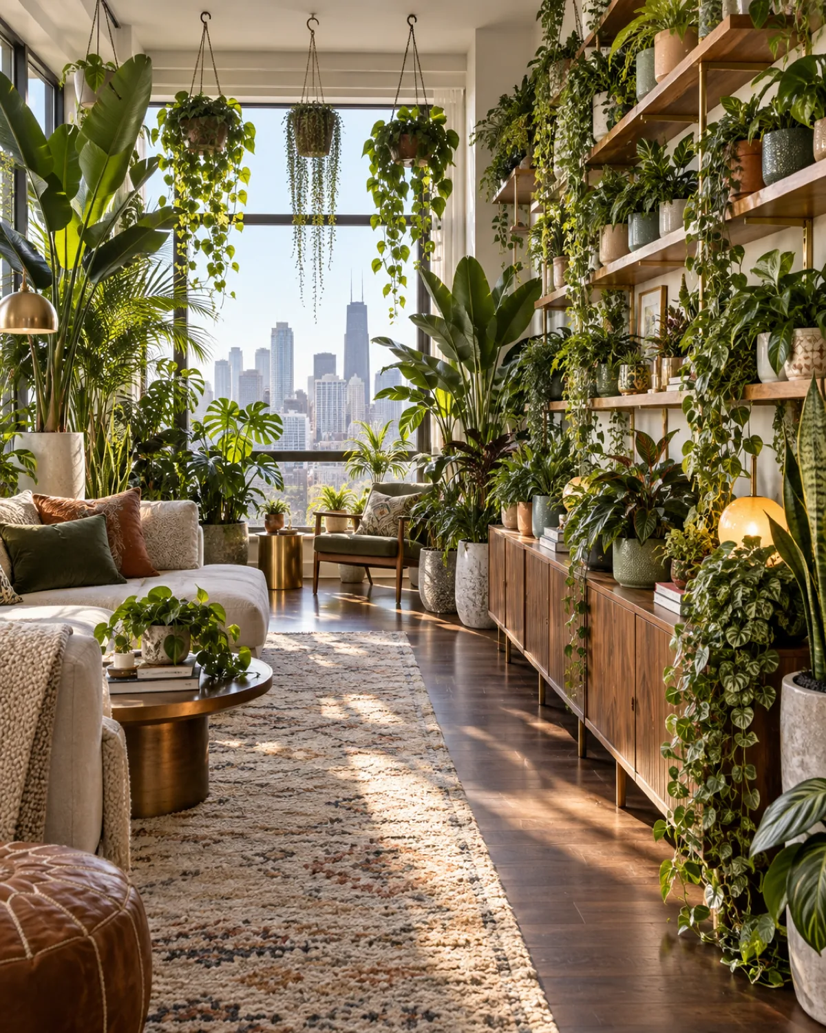 Entire living room wall lined with plants at every level floor to ceiling tall plants flanking window mid-height on long credenza floating shelf system with dozens of plants trailing vines cascading hanging planters from ceiling hooks narrow walking path city skyline visible through window bright natural light