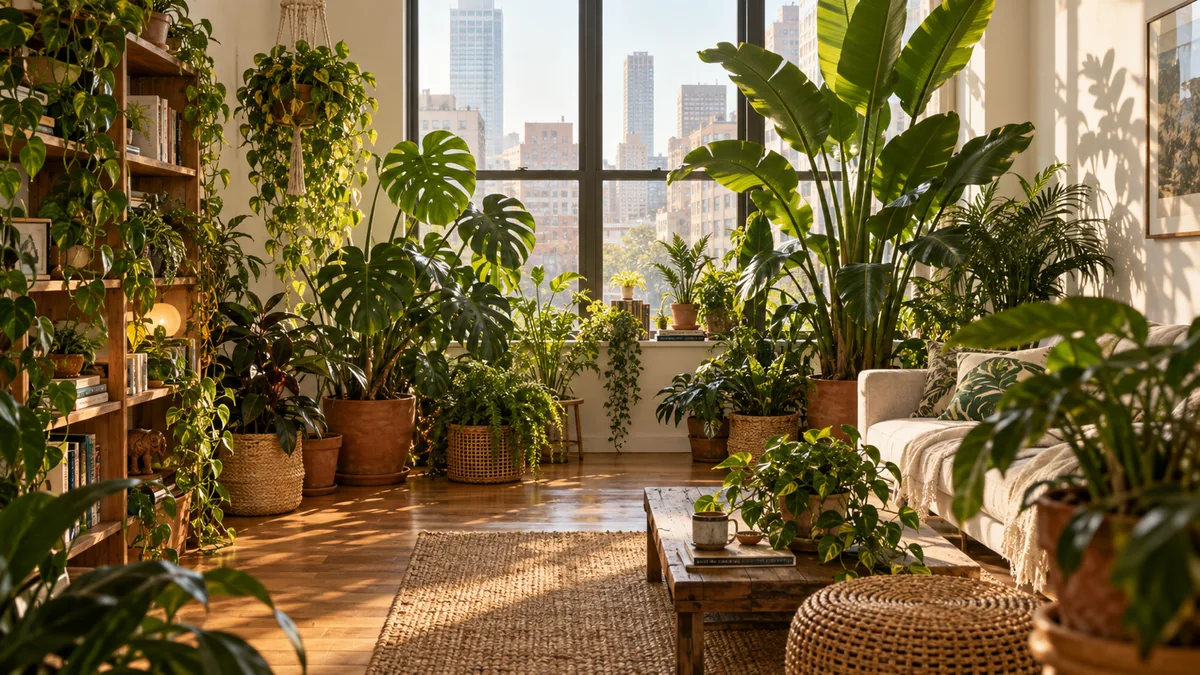 A bright city apartment living room transformed into a lush urban jungle with tall monstera and bird of paradise flanking a window trailing pothos from a macrame hanger mid-height plants on a wooden shelf terracotta and woven basket pots warm morning light filtering through dense green foliage