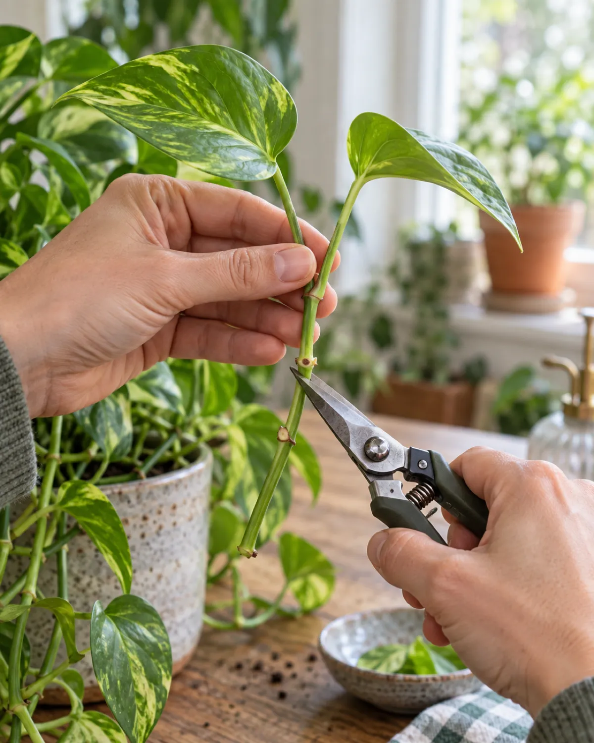 Hands holding a pothos stem next to a mother plant in a white pot with clean scissors positioned at a 45-degree angle just below a visible node bump on the stem with one lower leaf cleanly removed
