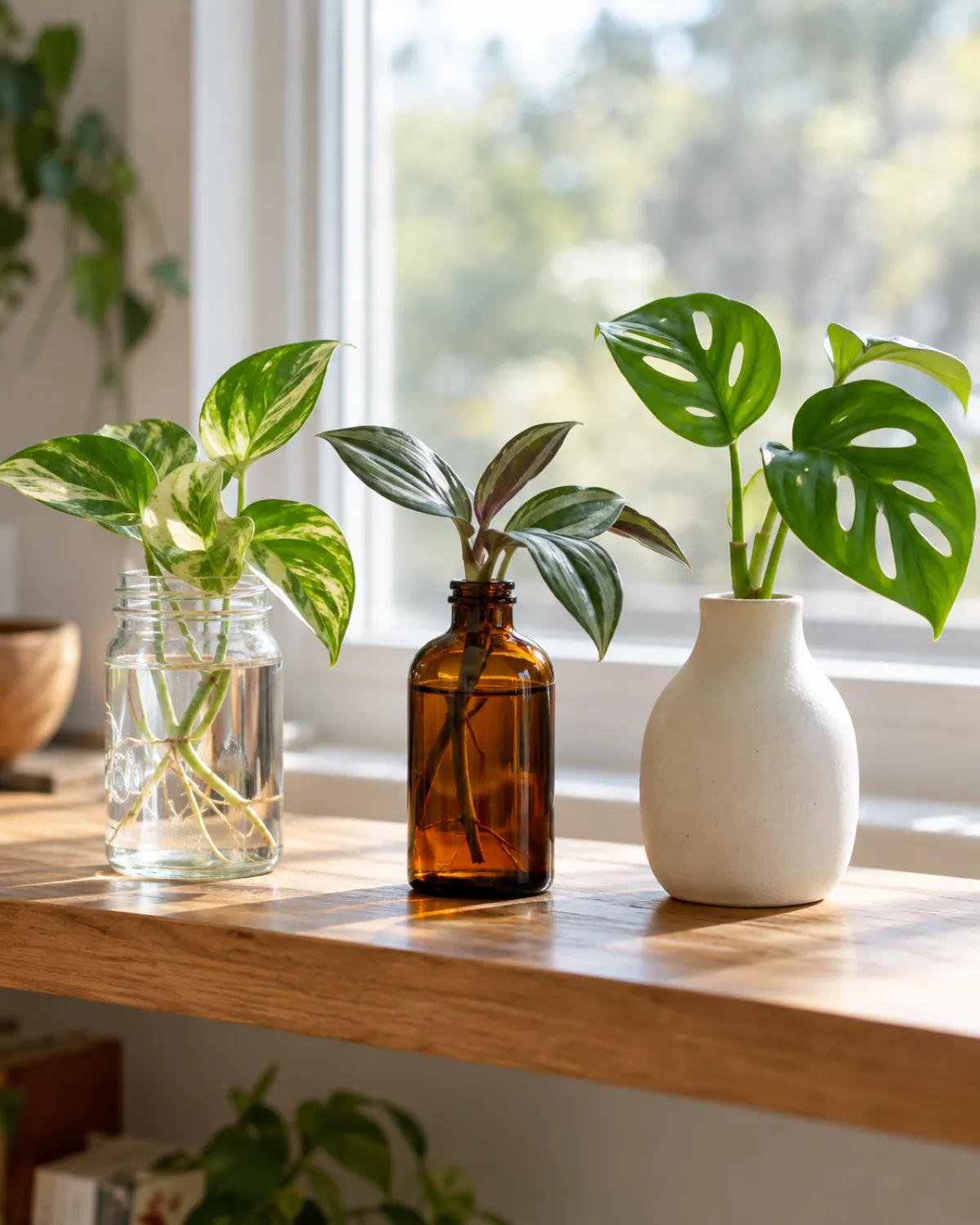 Three different propagation containers on a light wooden shelf near a bright window with a clear glass mason jar an amber glass bottle and a small clear glass bud vase each containing a cutting with visible white roots