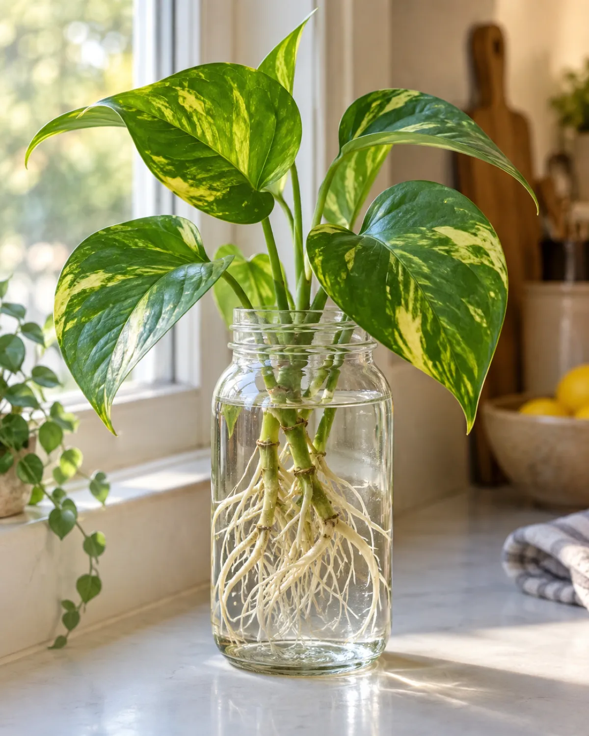 A golden pothos cutting in a clear glass jar with abundant long white roots visible through the glass and two to three heart-shaped leaves with golden variegation above the waterline on a white kitchen windowsill in warm morning light