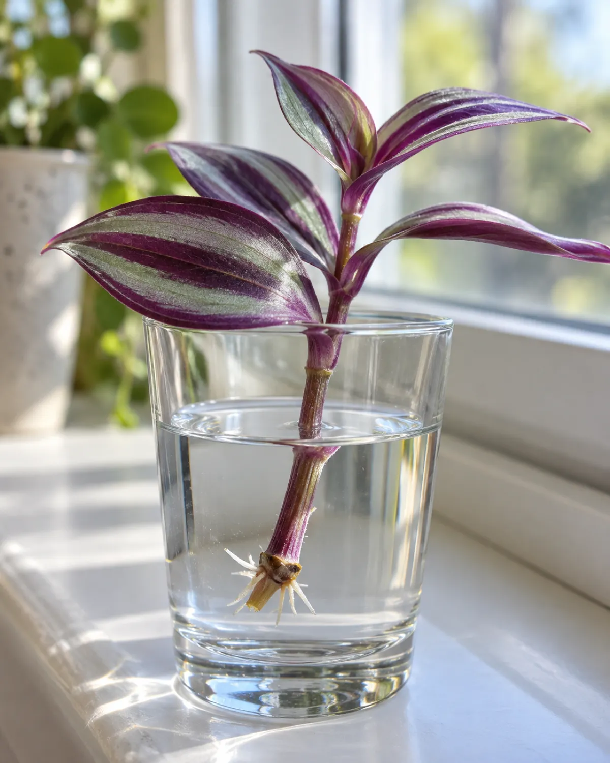 A Tradescantia zebrina stem cutting in a small clear glass tumbler with tiny white root nubs just emerging from the node below the waterline and distinctive silver and purple zebra-pattern striped leaves above in bright indirect light