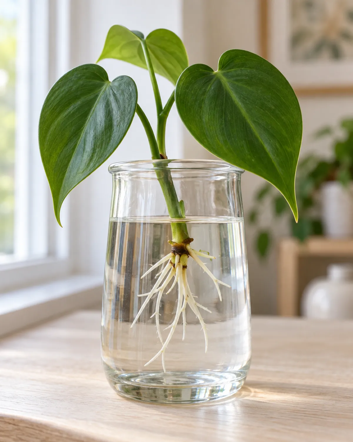 A heartleaf philodendron cutting in a clear glass jar with a brown aerial root nub submerged below the waterline and new white roots branching from it and two to three dark green glossy heart-shaped leaves above the waterline on a bright windowsill