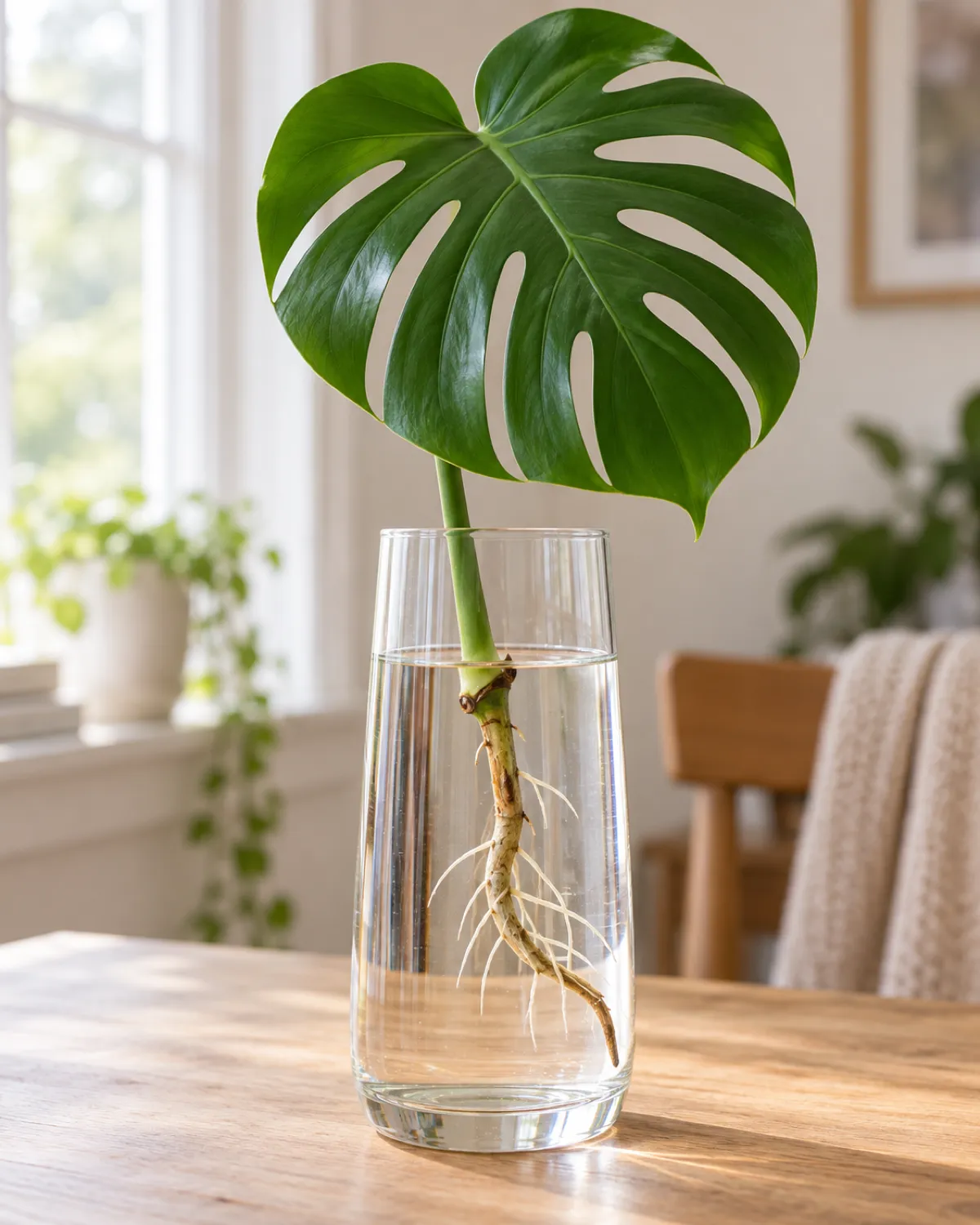 A single monstera deliciosa node cutting in a tall clear glass vase with one large fenestrated leaf extending above the waterline and a thick brown aerial root submerged with new white roots branching outward in a bright modern room