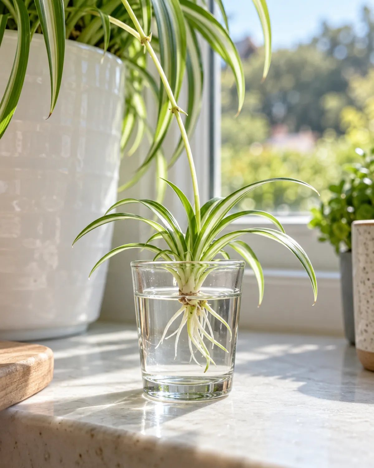 A small spider plant baby plantlet sitting in a clear glass of water on a sunny kitchen windowsill with thin green-and-white striped leaves at the waterline and short white roots dangling from the base and a thin green stolon connecting upward
