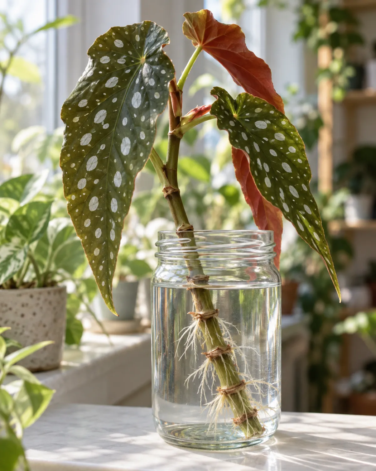 An angel wing begonia cane cutting in a clear glass jar of water with a thick bamboo-like cane stem submerged showing visible nodes below the waterline with white roots emerging and two to three asymmetric angel-wing shaped leaves with silver polka dots above
