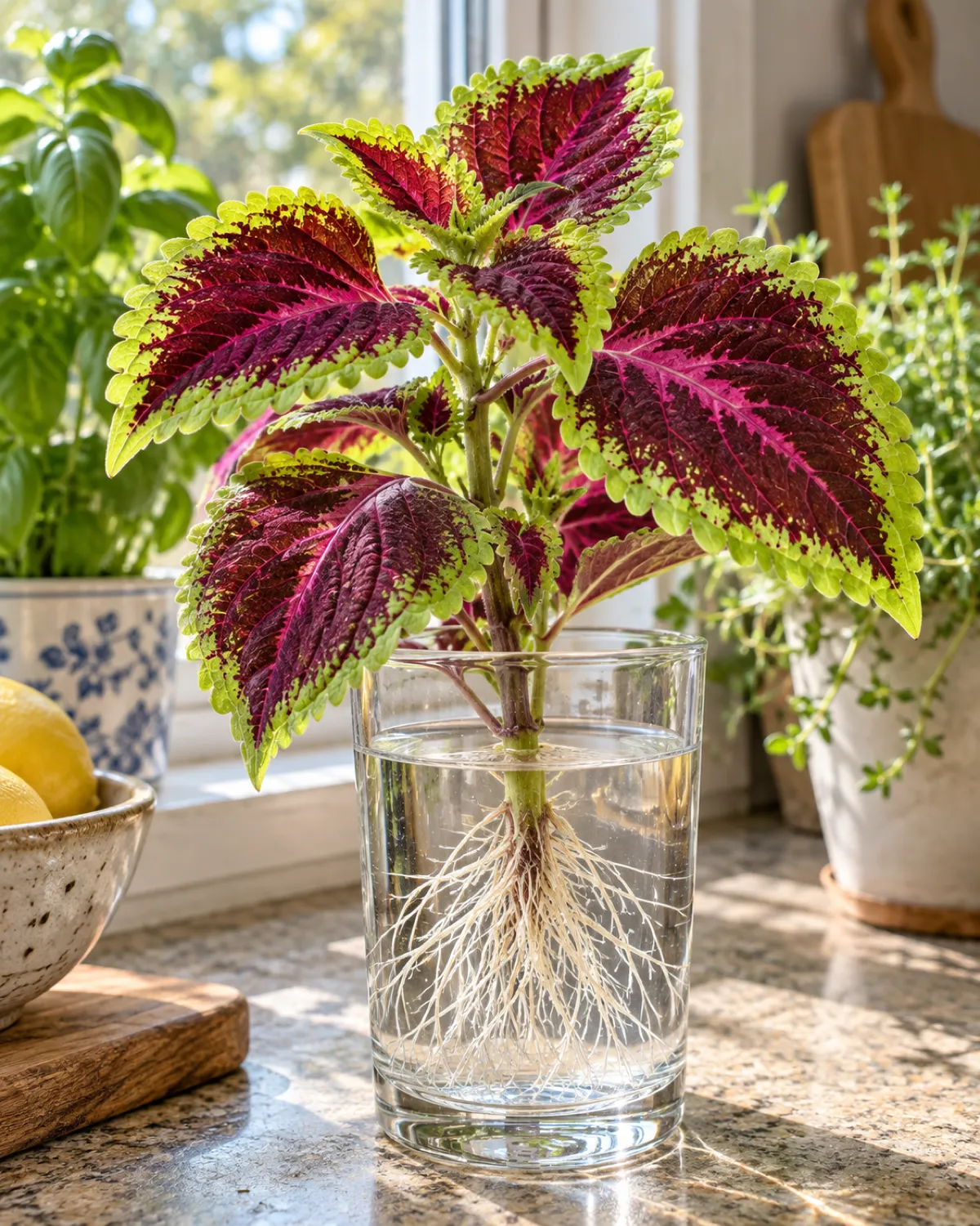 A coleus cutting in a small clear glass with dense white roots visible below the waterline and vibrant leaves in deep magenta and lime green with serrated edges above the water on a bright sunny windowsill