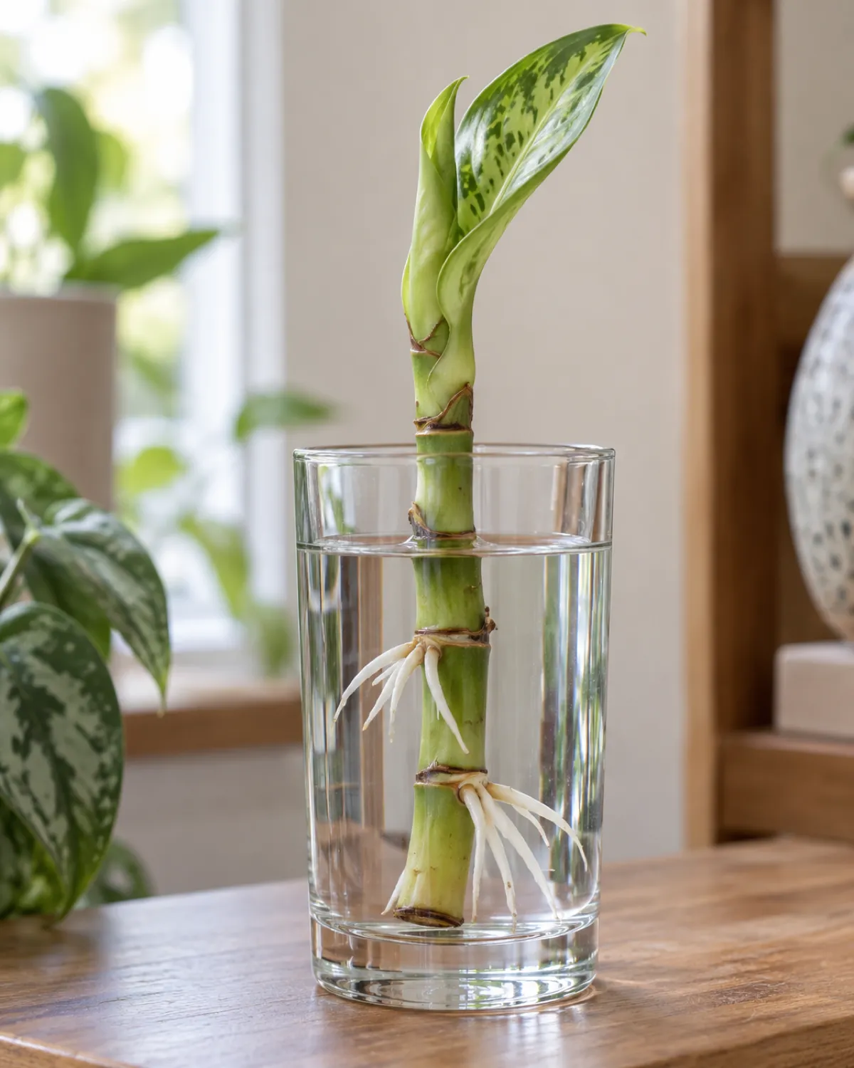 A thick Chinese evergreen Aglaonema stem section in a clear glass of water showing two visible nodes below the waterline with small white roots emerging and a fresh green and silver patterned leaf beginning to unfurl from the top bud