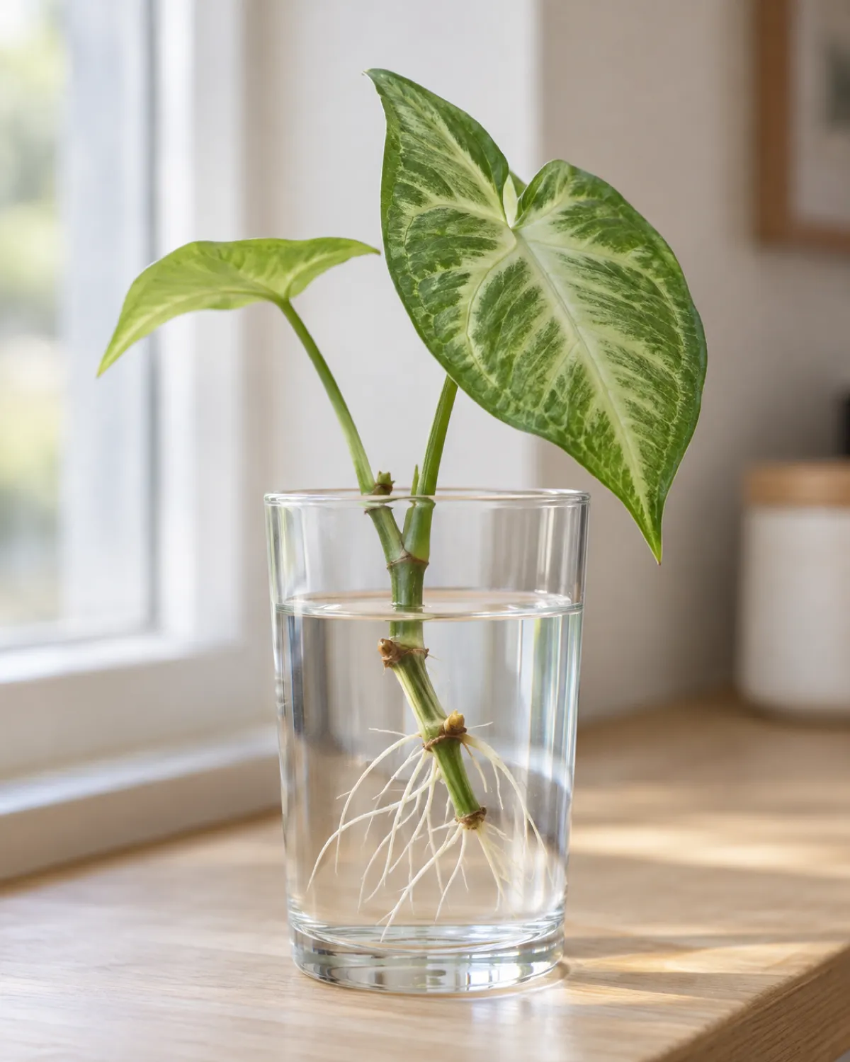 A syngonium arrowhead vine cutting in a clear glass of water with one distinctive arrow-shaped leaf with pale green center and darker edges above the waterline and visible node bumps on the stem below the waterline with white roots emerging
