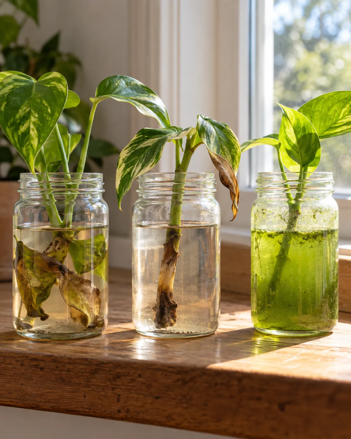 A propagation jar gone wrong containing murky greenish water with a cutting whose stem has turned brown and mushy at the bottom and a submerged leaf visibly decaying and turning translucent while the remaining leaf above water wilts