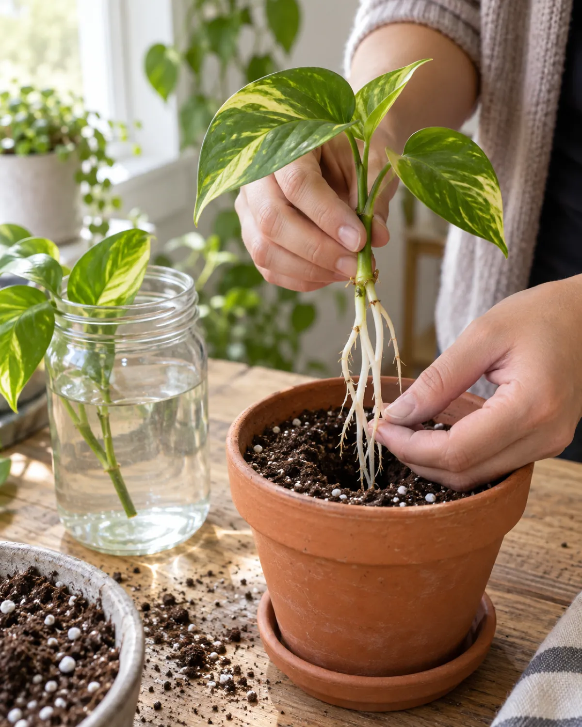 Hands gently placing a water-rooted pothos cutting with long white roots into a small terracotta pot partially filled with light airy perlite-rich soil mix with the glass jar the cutting came from sitting beside the pot on a clean white table