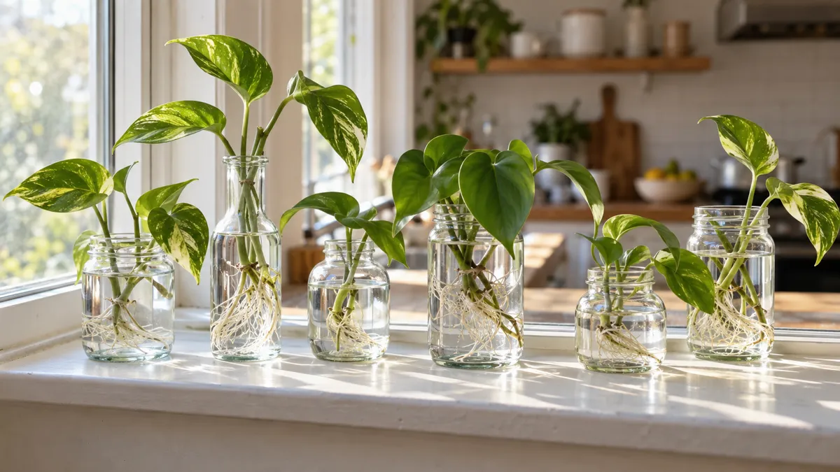 Five clear glass propagation jars on a bright kitchen windowsill each containing a different houseplant cutting with visible white roots growing in clean water including pothos tradescantia philodendron monstera and spider plant in warm morning light