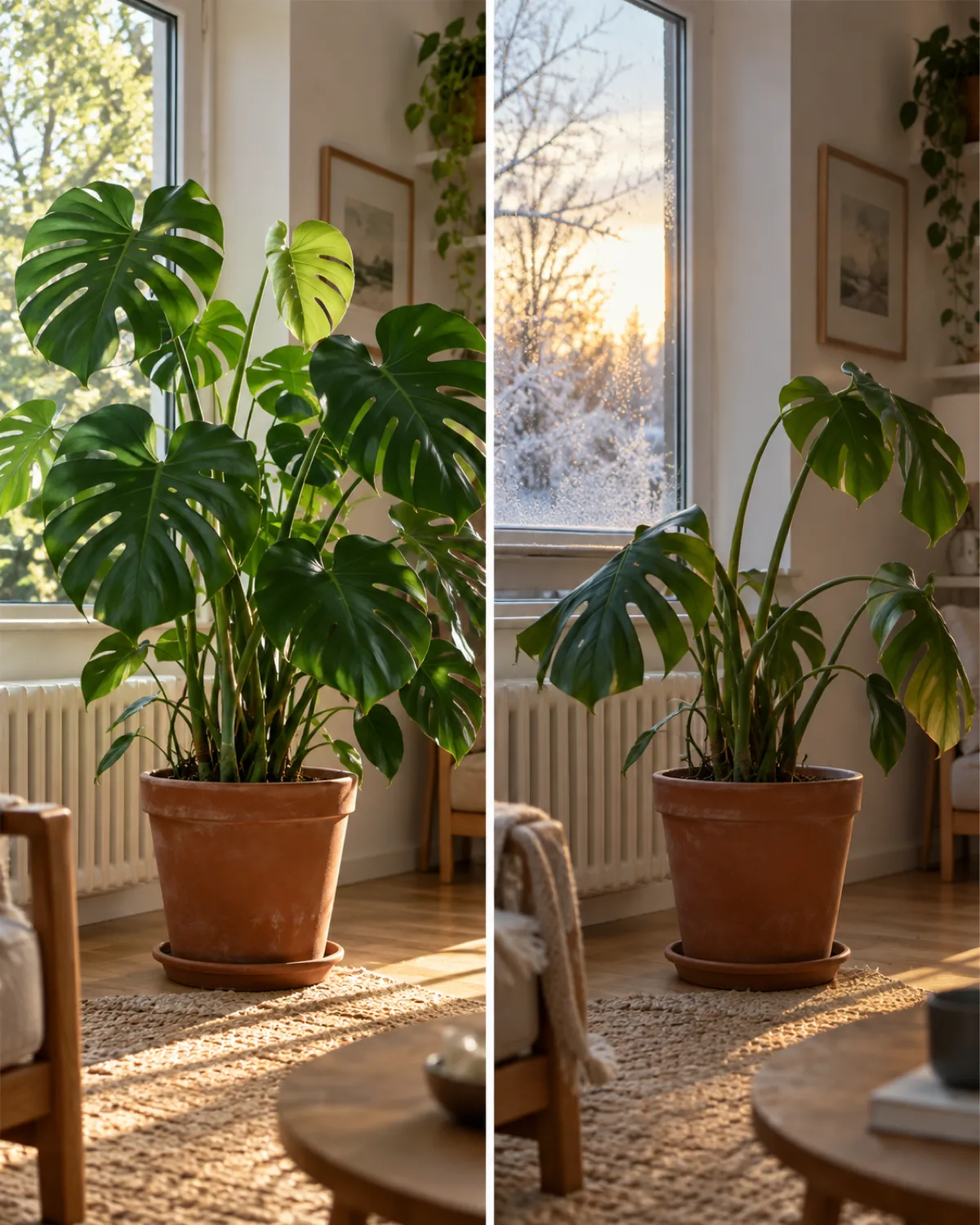 Split comparison showing the same monstera in summer with lush dark green leaves and a new unfurling leaf on the left and in winter with fewer leaves and a slightly droopy posture on the right in the same terracotta pot and bright room but different light quality