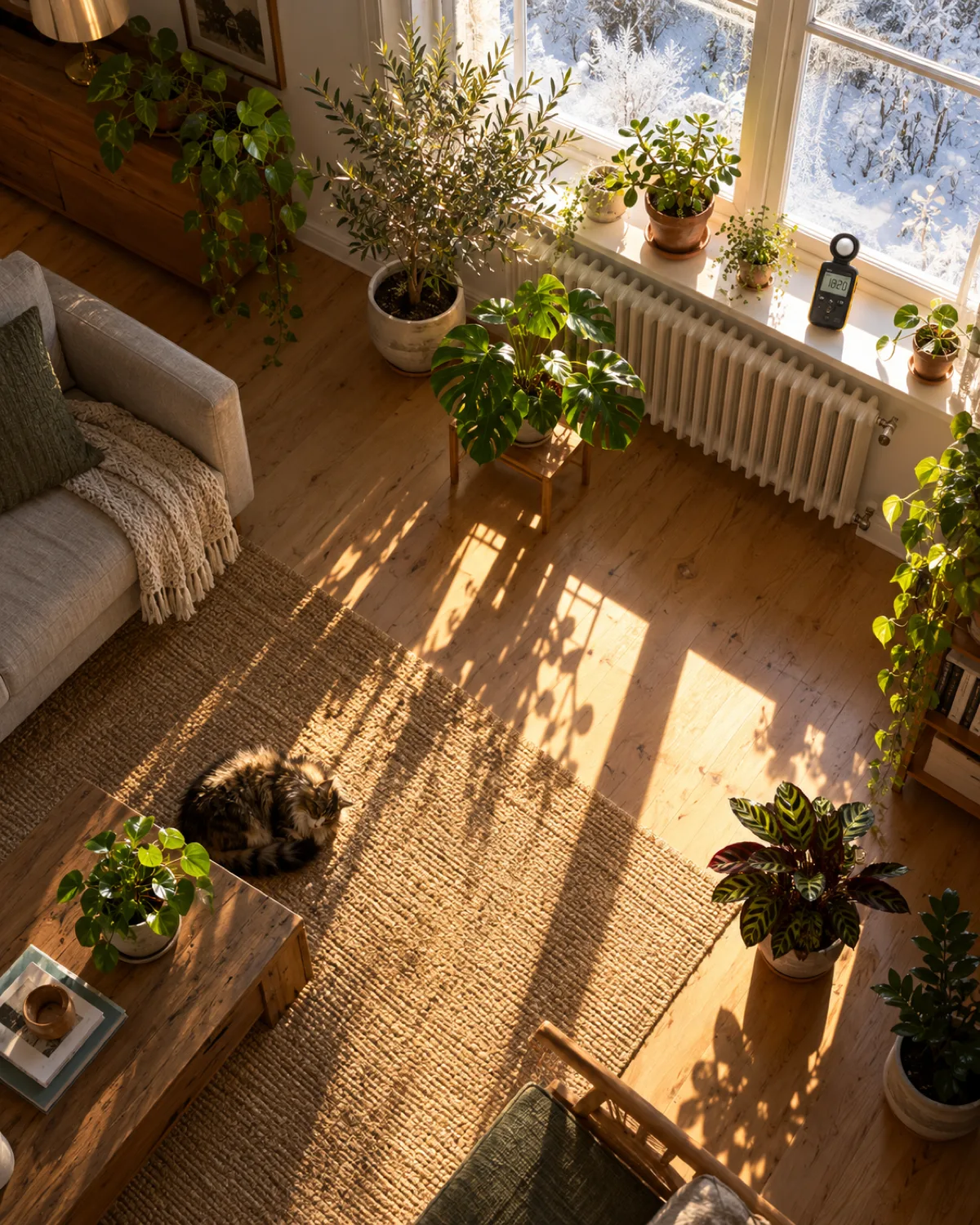 Overhead shot of a room showing how winter light falls from a south-facing window creating a bright cone of light near the glass that fades rapidly across the floor with several potted plants at different distances from the window and a lux meter on the windowsill