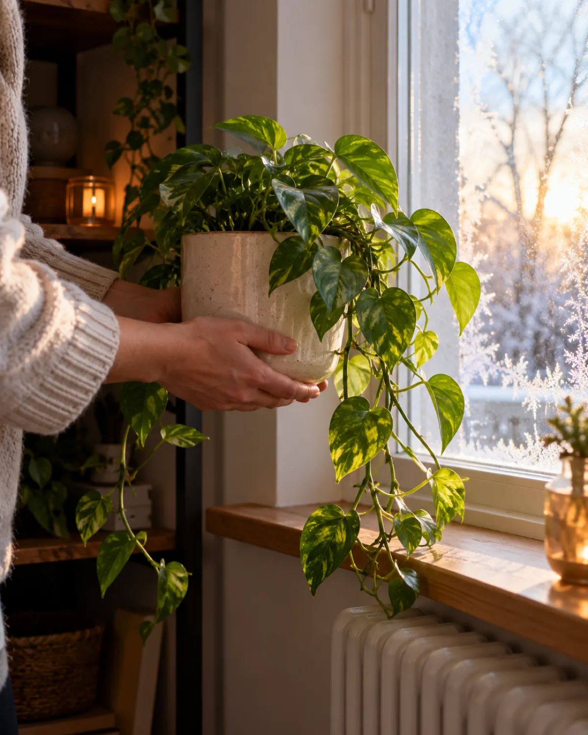 Hands carefully lifting a trailing pothos in a ceramic pot from a dim corner shelf and placing it onto a bright windowsill with soft low-angle winter light streaming through frosted glass