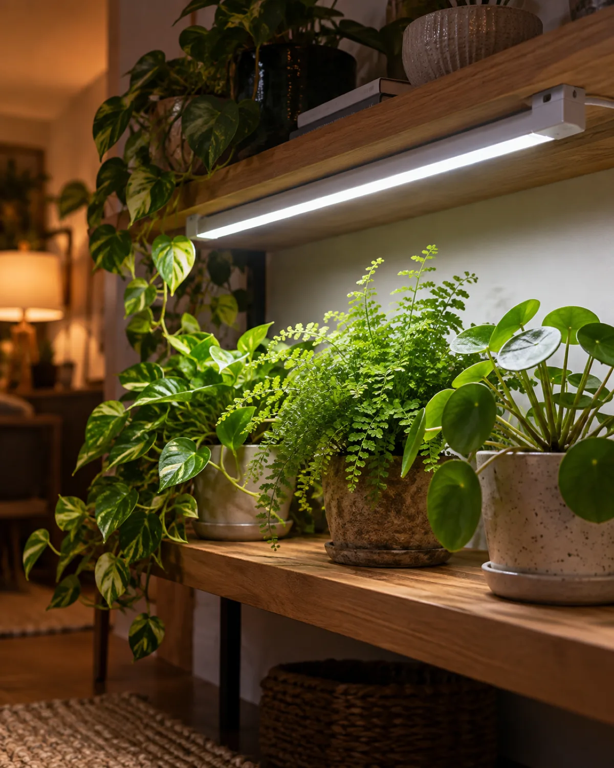 An LED grow light bar mounted under a wooden shelf illuminating a row of small houseplants including a pothos a fern and a pilea in a room with no visible window with the cool white LED light contrasting with the dim warm ambient room