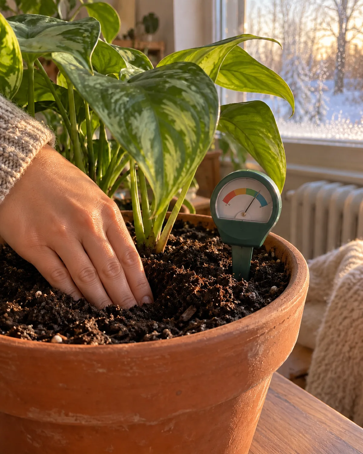 Close-up of a finger pushing into dark potting soil in a terracotta pot showing the soil is still visibly moist an inch below the surface with a small analog moisture meter stuck in the soil beside the finger showing the needle in the wet zone and soft winter light from a nearby window